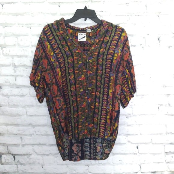 Xinqu Button Up Shirt Womens XS Floral Boxy Oversize Rayon Abstract 90's - Picture 1 of 7